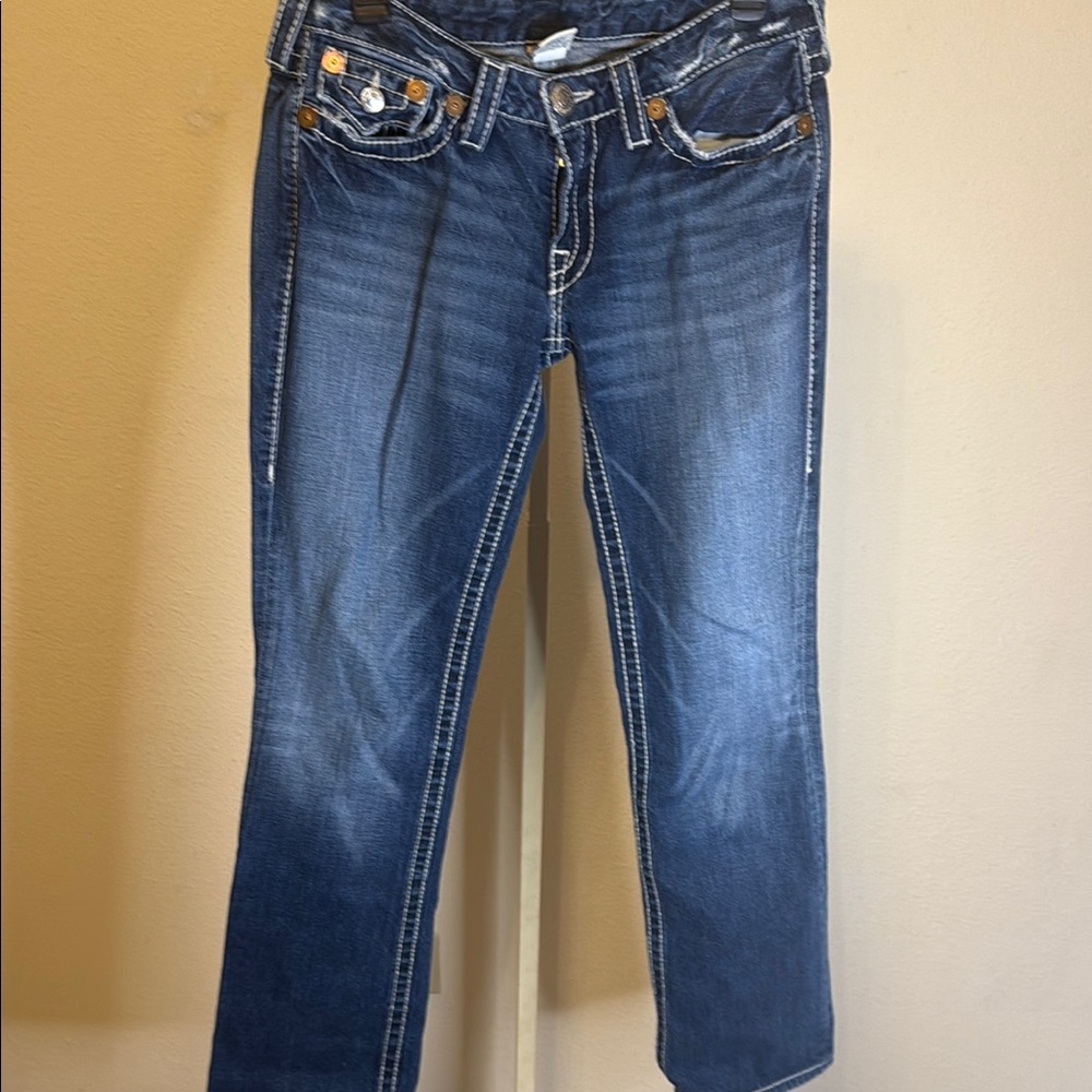 True Religion Blue‎ Ankle Cropped Jeans with Distressed Details
